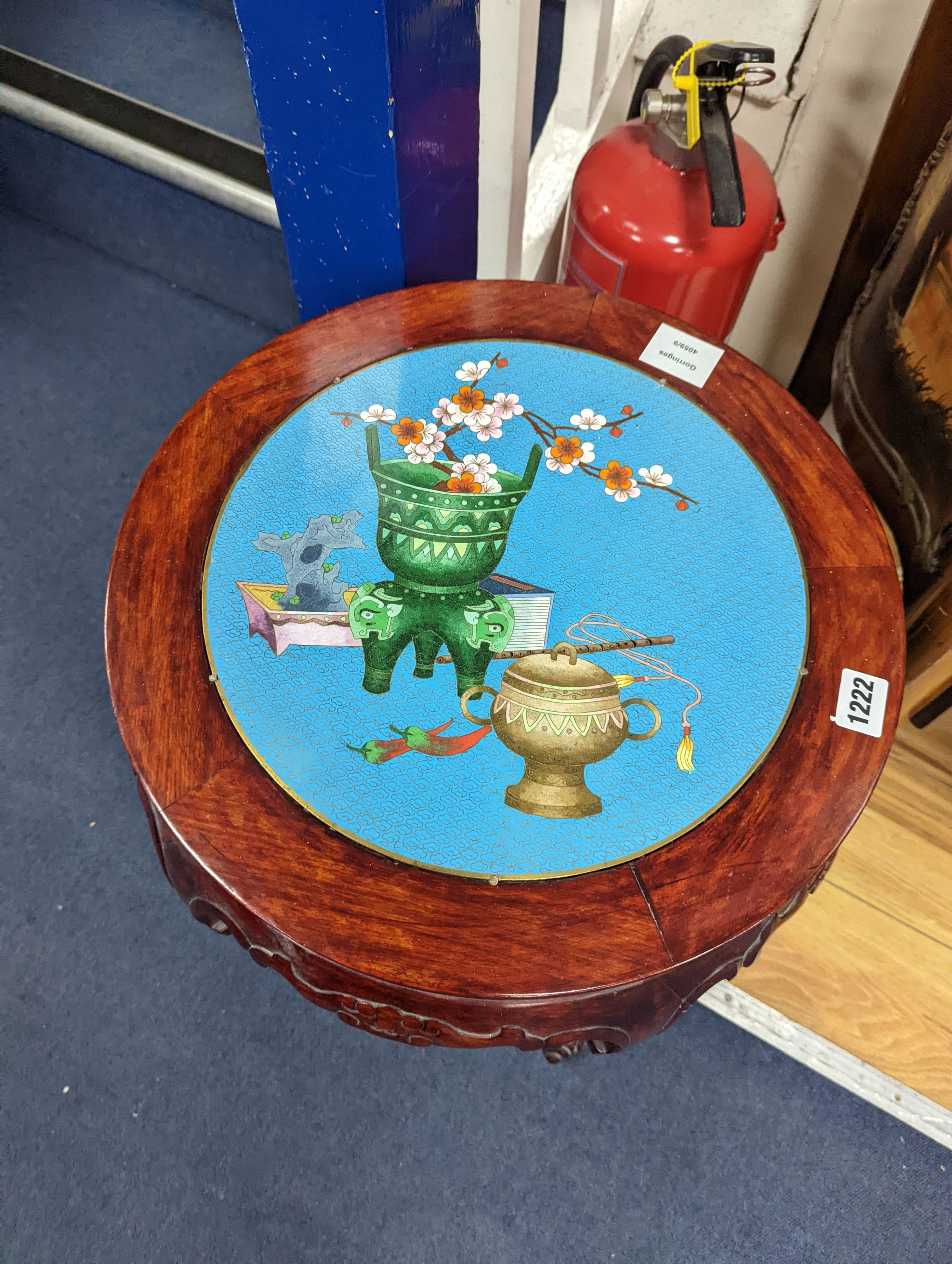 A Chinese hardwood and cloisonne enamel inset jardiniere stand, diameter 40cm, height 52cm